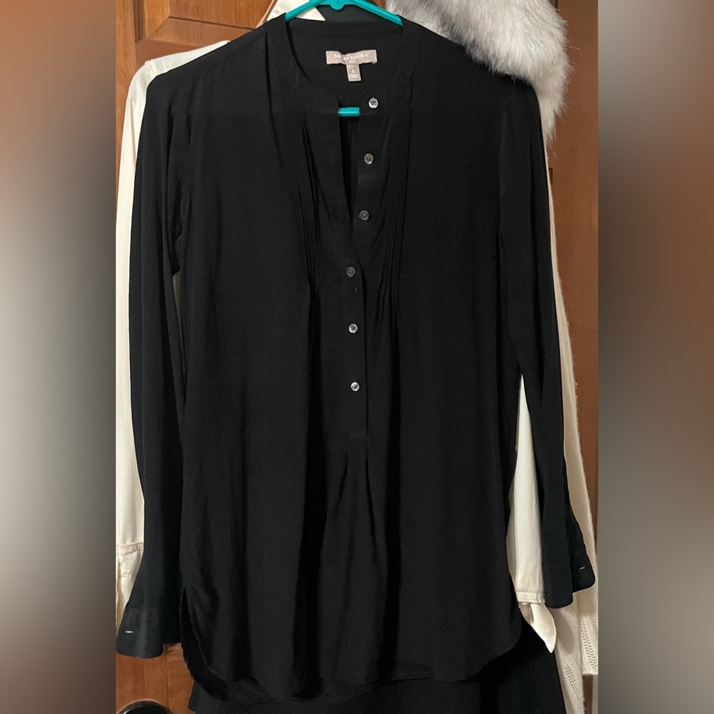 Banana Republic 100% Silk Black Long-Sleeve Button Henley Top Blouse